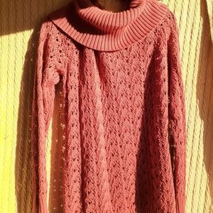 Crocheted Tunic Length Cowl Neck Sweater